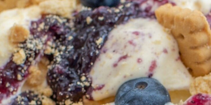 Close-up of cottage cheese ice cream topped with blueberries and crushed graham crackers